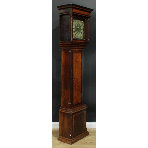 2523 - A mid-18th century crossbanded oak longcase clock, 30cm square brass dial with silvered chapter ring... 