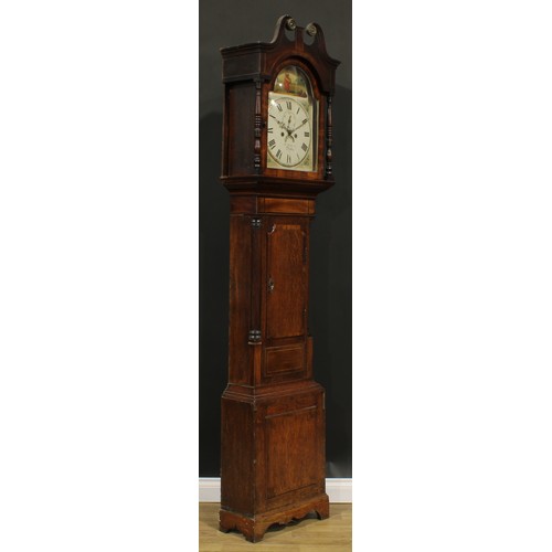 2467 - A George III oak and mahogany longcase clock, 33cm arched painted dial inscribed W. Roberts, Derby, ... 