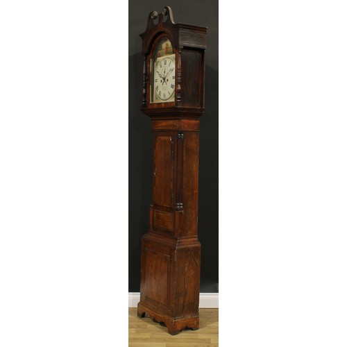 2467 - A George III oak and mahogany longcase clock, 33cm arched painted dial inscribed W. Roberts, Derby, ... 