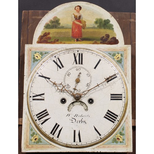 2467 - A George III oak and mahogany longcase clock, 33cm arched painted dial inscribed W. Roberts, Derby, ... 