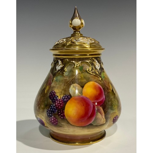 198 - A Royal Worcester lobed ovoid pot pourri vase and pierced cover, painted by J Skerrett, signed with ... 