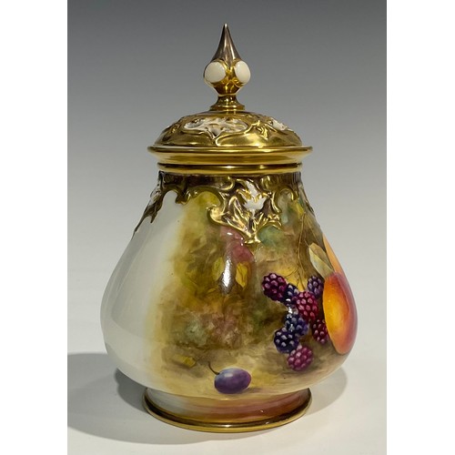 198 - A Royal Worcester lobed ovoid pot pourri vase and pierced cover, painted by J Skerrett, signed with ... 