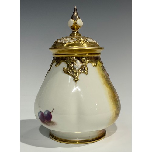 198 - A Royal Worcester lobed ovoid pot pourri vase and pierced cover, painted by J Skerrett, signed with ... 