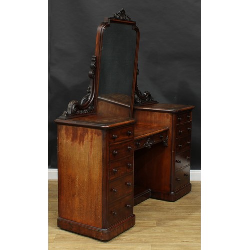 2589 - A Victorian mahogany sunken-centre dressing table, shaped rectangular mirror plate above a central f... 