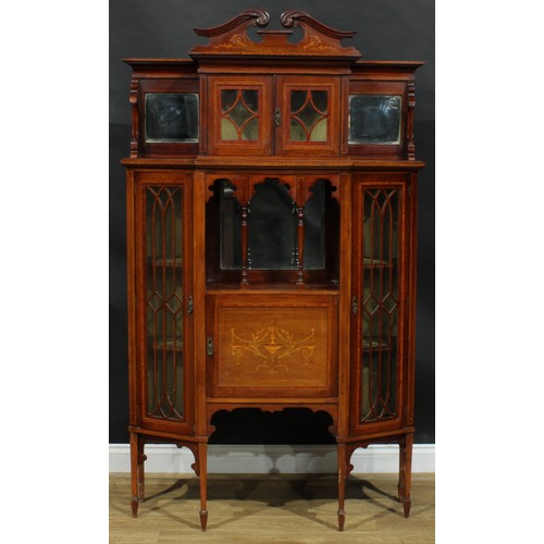 1886 - An Edwardian satinwood crossbanded mahogany and marquetry display cabinet, shaped superstructure wit... 