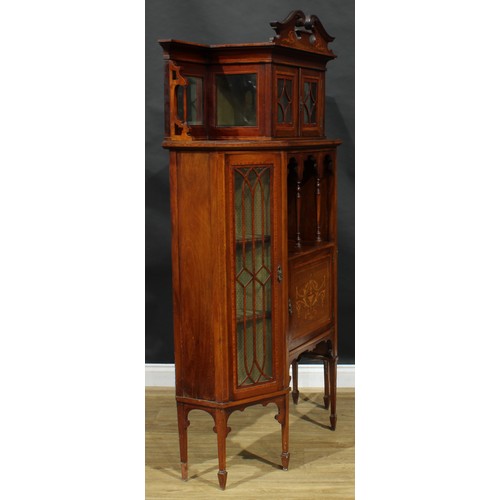 1886 - An Edwardian satinwood crossbanded mahogany and marquetry display cabinet, shaped superstructure wit... 