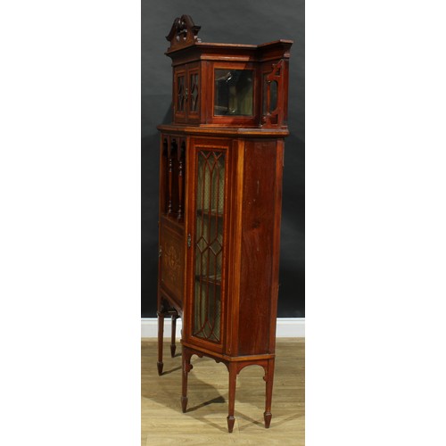 1886 - An Edwardian satinwood crossbanded mahogany and marquetry display cabinet, shaped superstructure wit... 