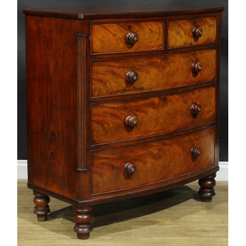 2685 - An early Victorian mahogany chest, slightly oversailing top above two short and three long graduated... 