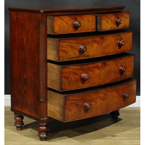 2685 - An early Victorian mahogany chest, slightly oversailing top above two short and three long graduated... 