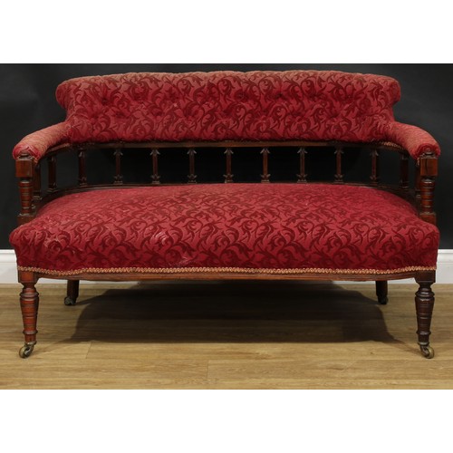 2512 - A late Victorian/Edwardian three-piece drawing room suite, comprising a sofa and a pair of club elbo... 