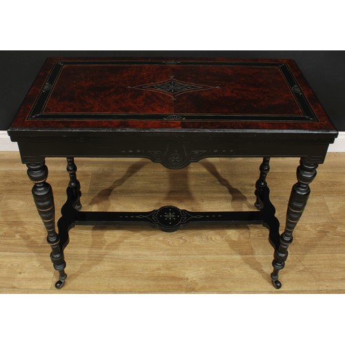 1838 - A late Victorian Aesthetic Movement amboyna and ebonised card table, hinged rectangular top enclosin... 