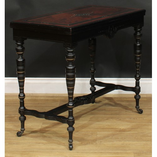 1838 - A late Victorian Aesthetic Movement amboyna and ebonised card table, hinged rectangular top enclosin... 