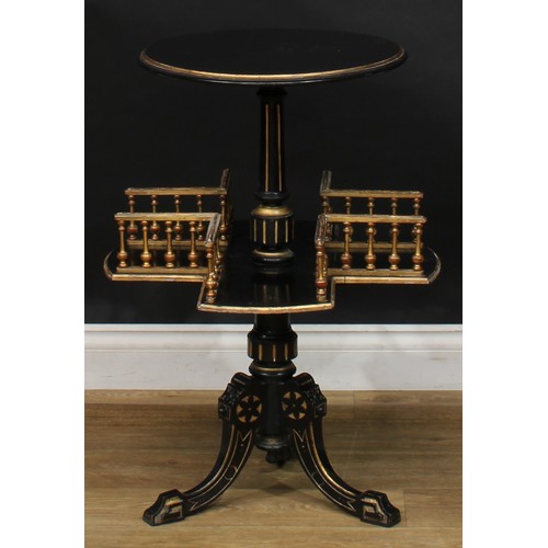 1842 - A late Victorian Aesthetic Movement parcel-gilt and ebonised library book and wine table, circular t... 