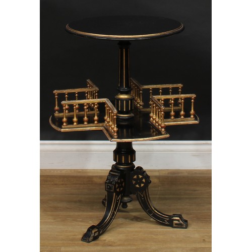 1842 - A late Victorian Aesthetic Movement parcel-gilt and ebonised library book and wine table, circular t... 