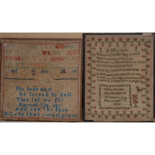 2688 - An early Victorian needlework sampler, embroidered by Caroline Nott, 1838, with alphabet, verse, dog... 