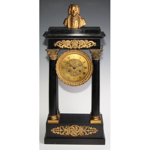 2388 - A Louis Philippe French ebonised and ormolu portico clock, the 12.5cm gilt brass dial with Roman num... 