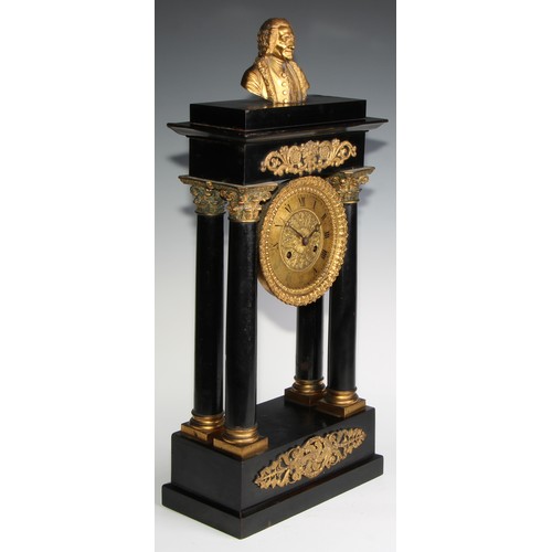 2388 - A Louis Philippe French ebonised and ormolu portico clock, the 12.5cm gilt brass dial with Roman num... 