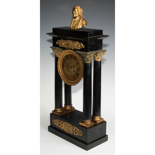 2388 - A Louis Philippe French ebonised and ormolu portico clock, the 12.5cm gilt brass dial with Roman num... 