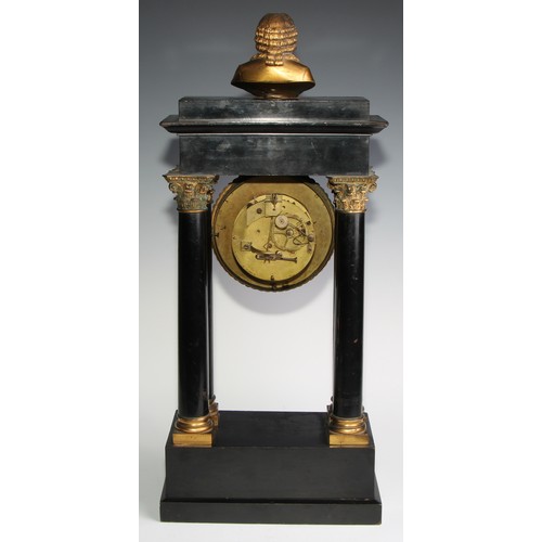 2388 - A Louis Philippe French ebonised and ormolu portico clock, the 12.5cm gilt brass dial with Roman num... 