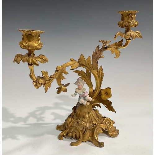 2094 - A pair of Rococo Revival gilt metal two-light candelabra, each cast with flowers and scrolling acant... 