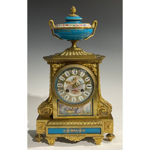 2097 - A 19th century French porcelain mounted gilt metal mantel clock, 10.5cm dial inscribed with Roman nu... 