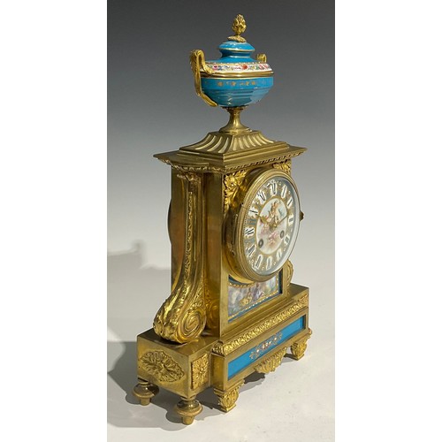 2097 - A 19th century French porcelain mounted gilt metal mantel clock, 10.5cm dial inscribed with Roman nu... 