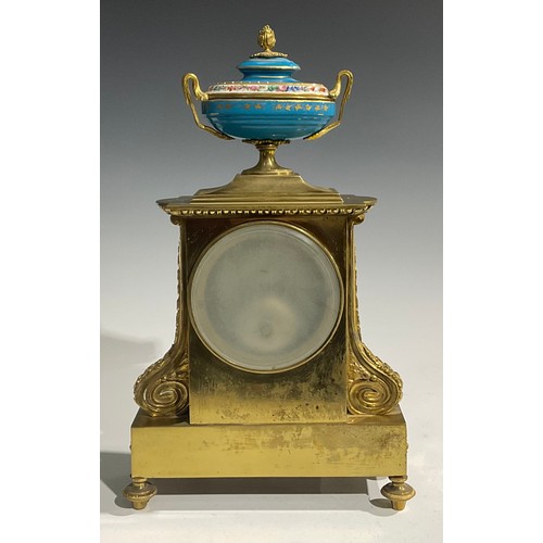 2097 - A 19th century French porcelain mounted gilt metal mantel clock, 10.5cm dial inscribed with Roman nu... 