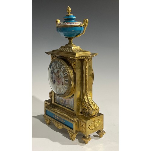 2097 - A 19th century French porcelain mounted gilt metal mantel clock, 10.5cm dial inscribed with Roman nu... 