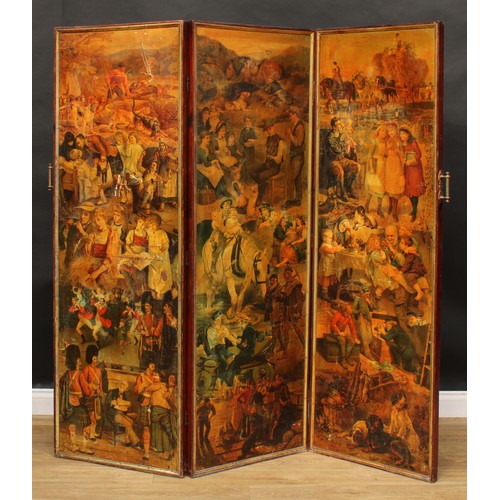 1844 - A late Victorian country house decoupage three-fold screen, 172cm high, each panel 57.5cm wide, c.18... 