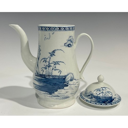 114 - A Chaffers Liverpool coffee pot and cover,  painted with Chinoiserie style decoration in underglaze ... 