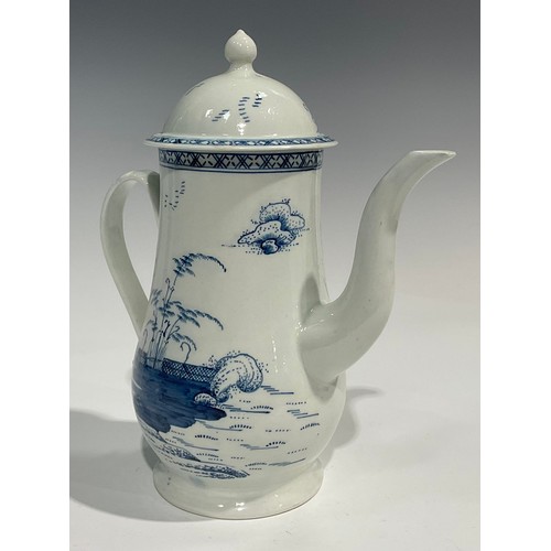 114 - A Chaffers Liverpool coffee pot and cover,  painted with Chinoiserie style decoration in underglaze ... 