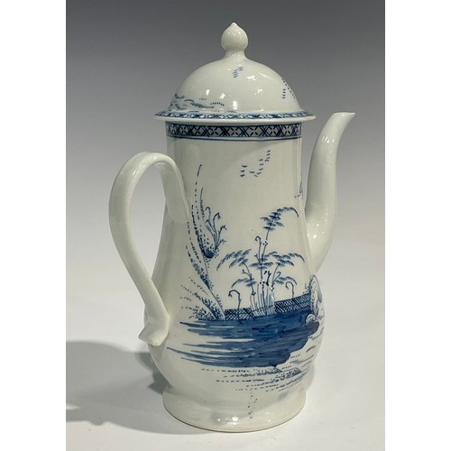 114 - A Chaffers Liverpool coffee pot and cover,  painted with Chinoiserie style decoration in underglaze ... 