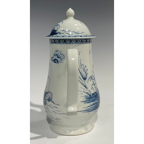 114 - A Chaffers Liverpool coffee pot and cover,  painted with Chinoiserie style decoration in underglaze ... 