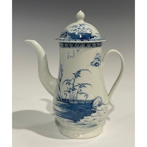 114 - A Chaffers Liverpool coffee pot and cover,  painted with Chinoiserie style decoration in underglaze ... 