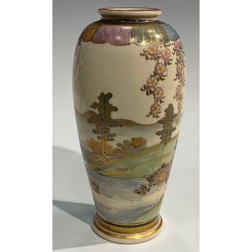 437 - A Japanese satsuma ovoid vase, painted with birds, witeria and other flowers in an extensive landsca... 