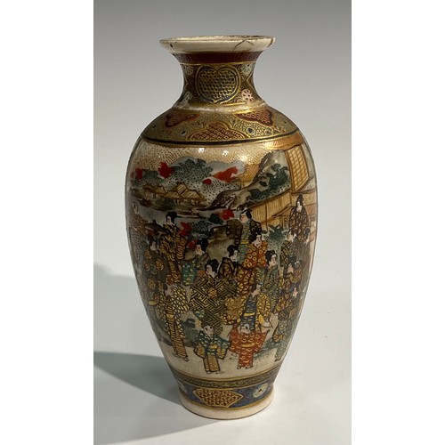 437 - A Japanese satsuma ovoid vase, painted with birds, witeria and other flowers in an extensive landsca... 