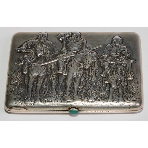 1050 - A Russian silver rounded rectangular cigarette case, hinged cover chased with warriors of the Baltic... 