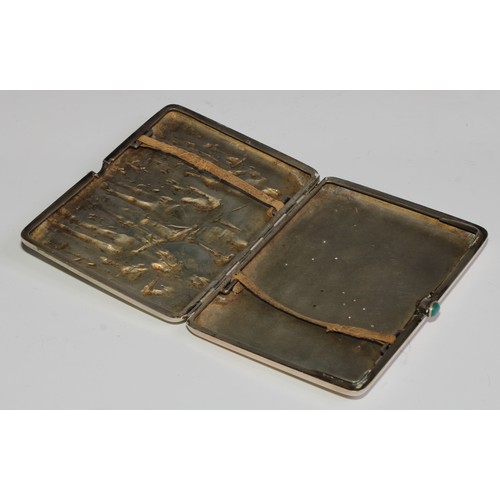 1050 - A Russian silver rounded rectangular cigarette case, hinged cover chased with warriors of the Baltic... 