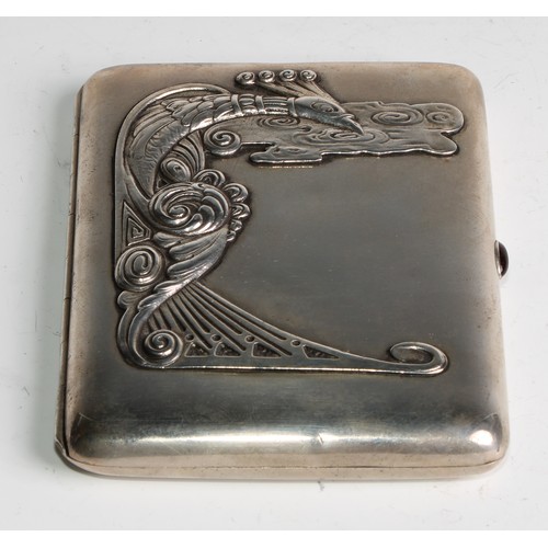 1051 - A Russian silver rounded rectangular cigarette case, the hinged cover in relief with a peacock in th... 