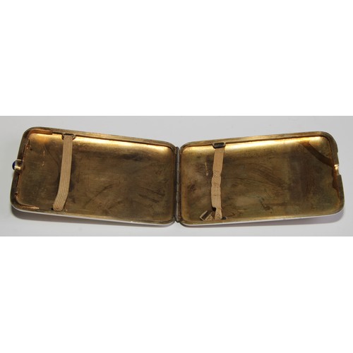 1044 - A Russian gold coloured metal overlaid silver rounded rectangular cigarette case, 12cm wide, Cyrilli... 