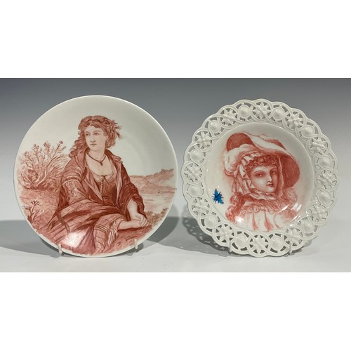 55 - A Minton's China shaped circular plate, the field painted in red sepia with the portrait of a young ... 