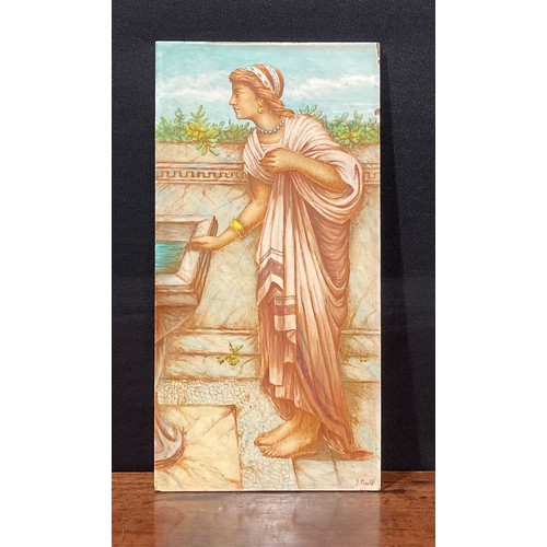 81 - An Aesthetic Movement rectangular tile, painted by J Gould, signed, with classical maiden at a refle... 