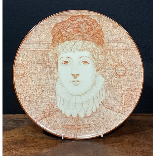 82 - An Ashworth Pottery Aesthetic Movement circular plaque, printed in sepia with a portrait of Ellen Te... 