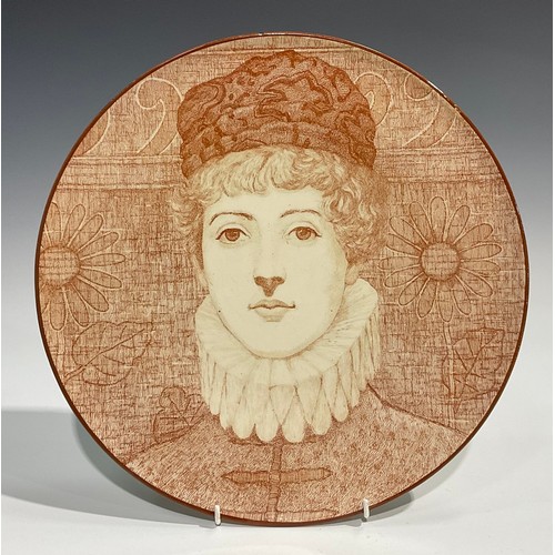 82 - An Ashworth Pottery Aesthetic Movement circular plaque, printed in sepia with a portrait of Ellen Te... 