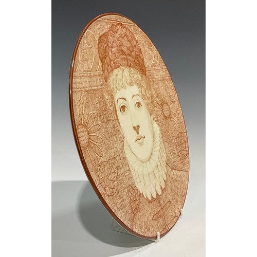 82 - An Ashworth Pottery Aesthetic Movement circular plaque, printed in sepia with a portrait of Ellen Te... 