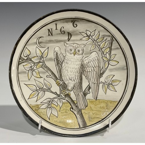 54 - A Minton's Aesthetic Movement circular dish, painted in muted tones of green and grey with an owl pe... 
