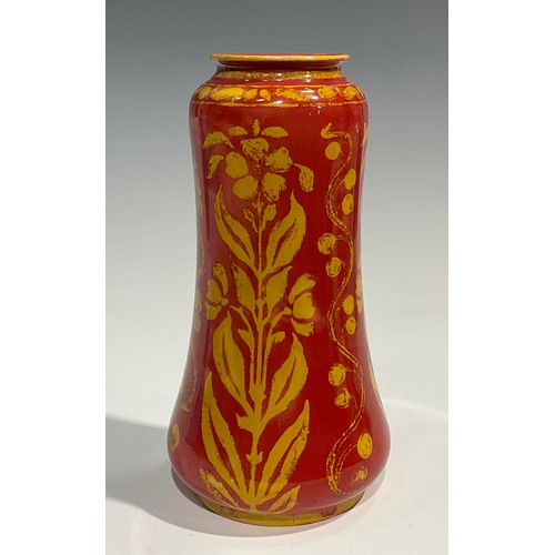 24 - A Bernard Moore waisted cylindrical vase, decorated with stylised flowering leafy stems on a flambé ... 