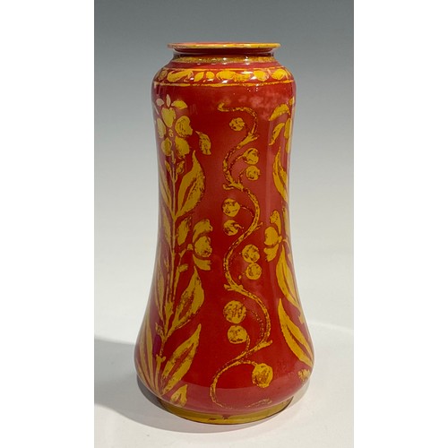 24 - A Bernard Moore waisted cylindrical vase, decorated with stylised flowering leafy stems on a flambé ... 