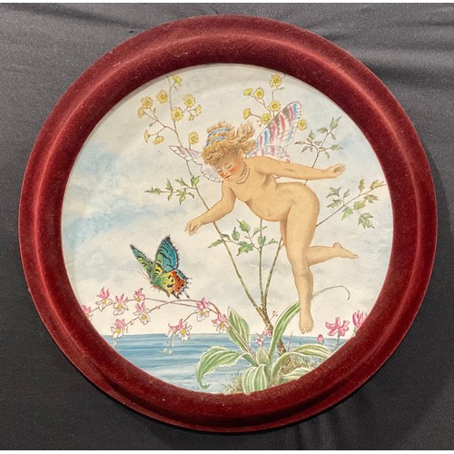 77 - An Aesthetic Movement circular charger, painted with a fairy in pursuit of a butterfly through flowe... 