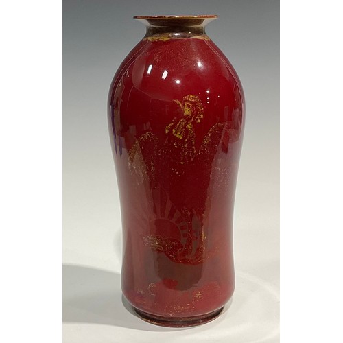 21 - A Bernard Moore flambé waisted cylindrical vase, flared rim, decorated in yellow and red lustre tone... 